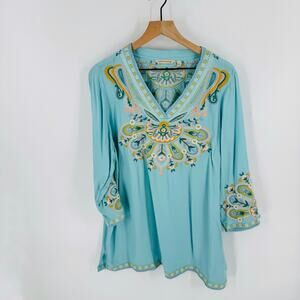 Soft Surroundings Embroidered Boho Tunic Top Blue Multicolor Size Large